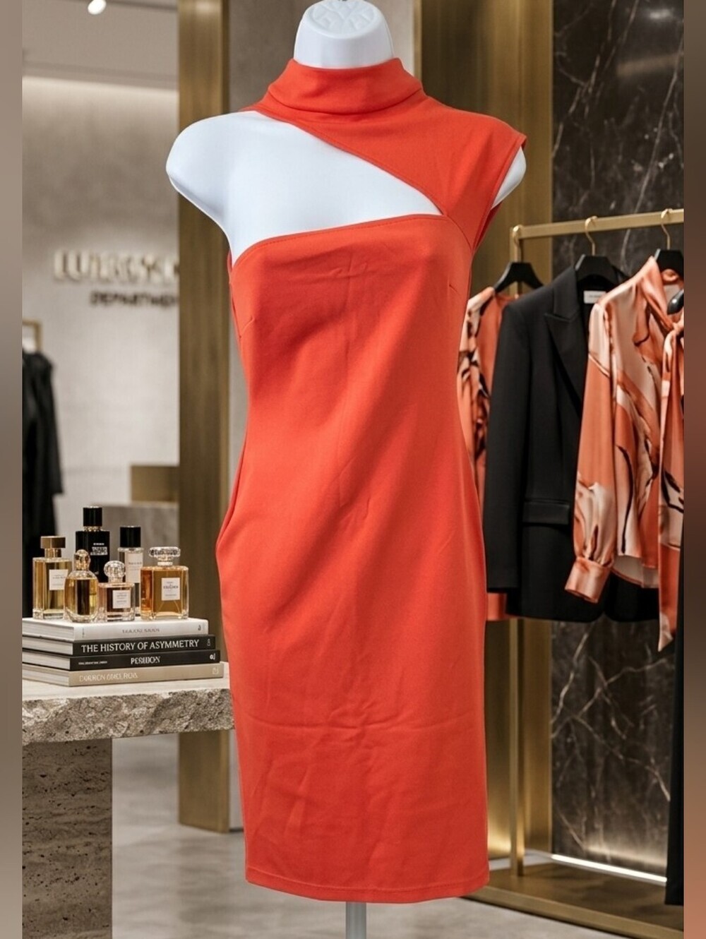 792. Miss Circle NY Asymmetric Cutout Mock Neck Crimson Red Midi Dress XS